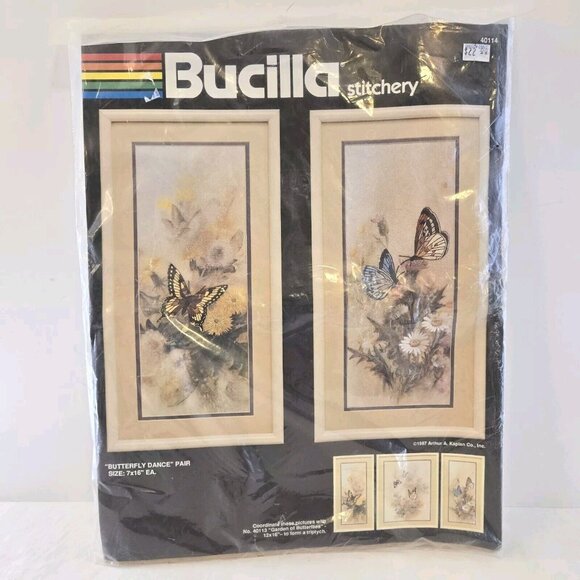 Vtg Bucilla Butterfly Dance Pair Embroidery Stitchery Kit 40114 7 x 16 1987 NOS - Picture 1 of 7
